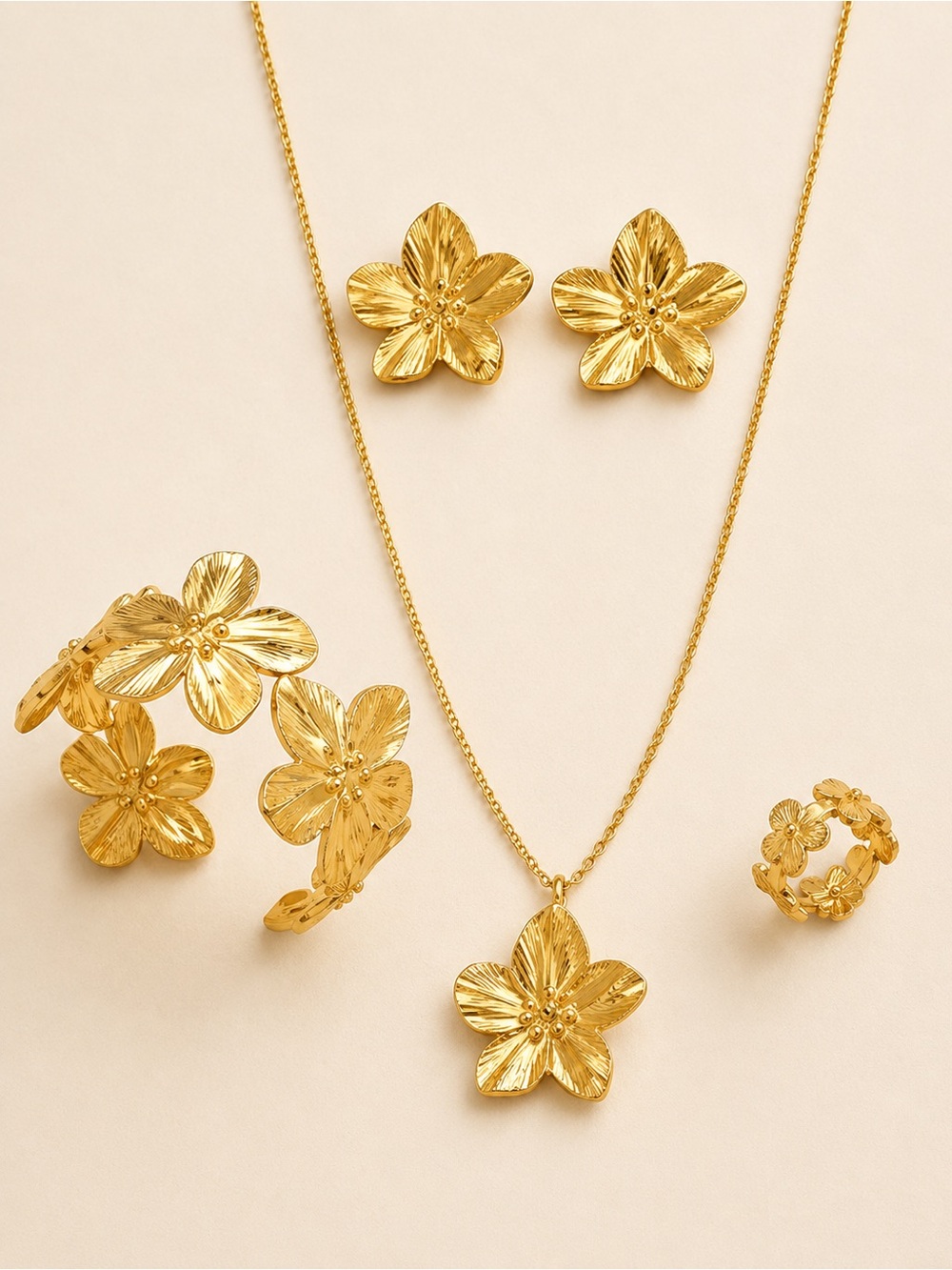 Gold Floral Pendant Necklace, Bracelet, Ring Stud Earrings Set